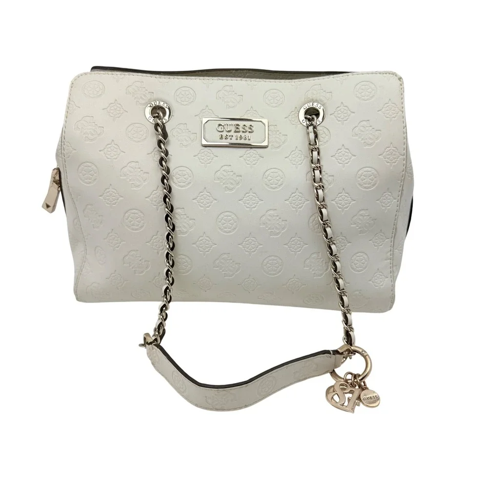 GUESS Logo Love Satchel White Faux Leather Y2K Style Girlfriend Shoulder‎ Bag